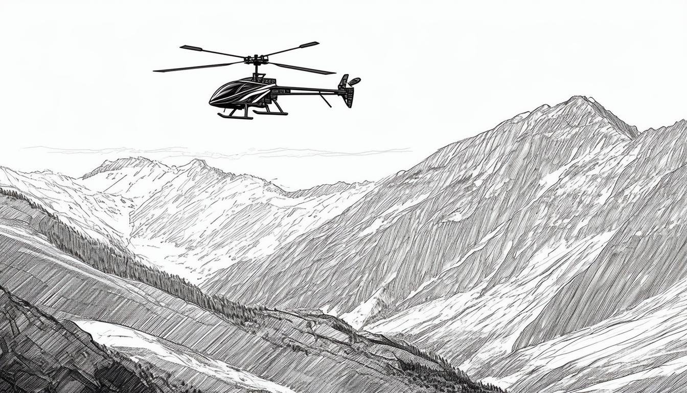 A small radiocontrolled helicopter flies in the distance in the mountains