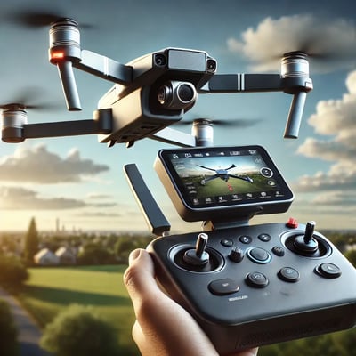 DALL·E 2025-01-23 09.43.11 - A detailed and realistic image showing a modern drone in flight and a handheld image transmitter_controller. The drone is mid-air, sleek and equipped